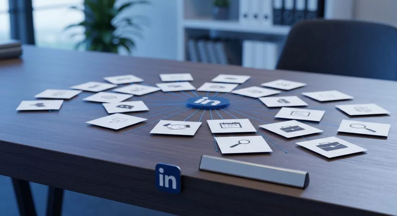24 tarjetas blancas conectadas al logo LinkedIn sobre una mesa