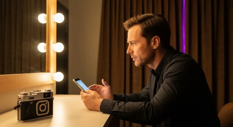 Actor solitario en camerino da la espalda teléfono Instagram logotipo