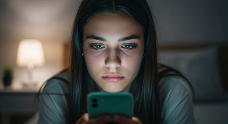 Adolescente estresada mirando su móvil