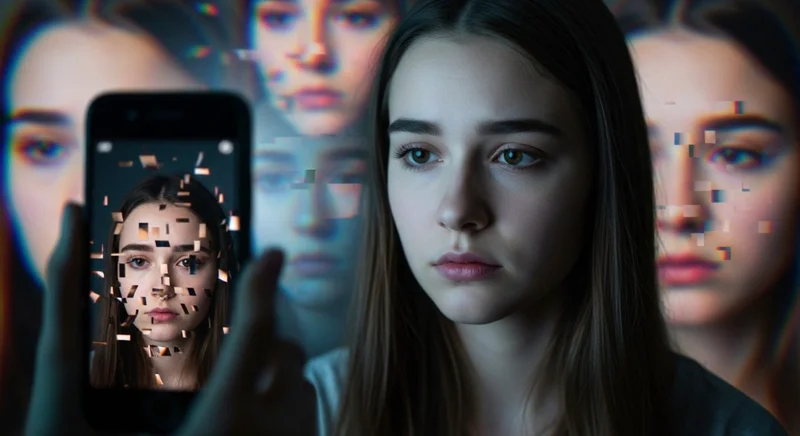 Adolescente pensativa mira reflejo teléfono presión redes sociales