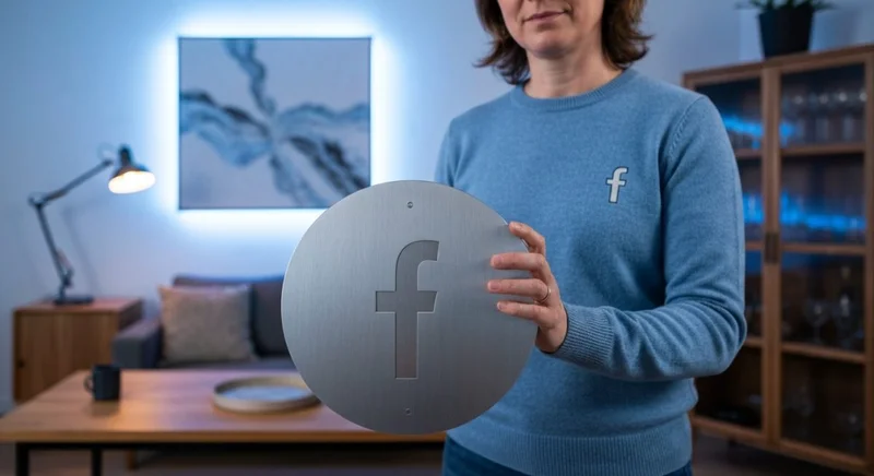 Adulto en sala sosteniendo escudo circular con glifo f Facebook