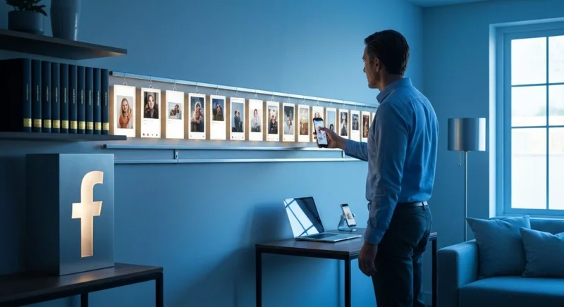 Adulto inspecciona instalación de Facebook Stories en sala moderna minimalista