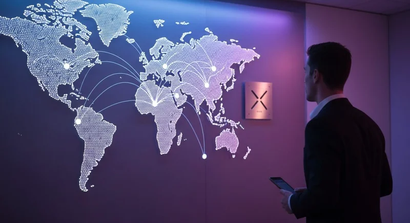 Analista de datos ante mapa mundial con nodos iluminados X