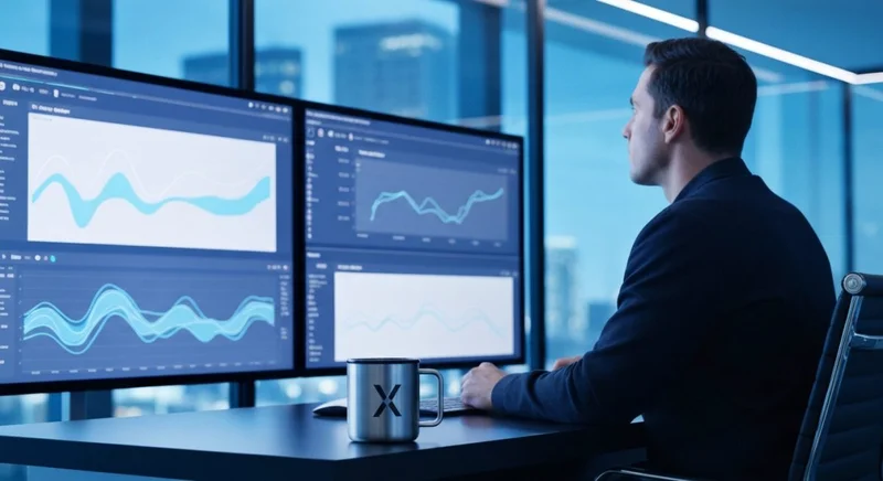 Analista de datos ante pantallas y taza con logo X