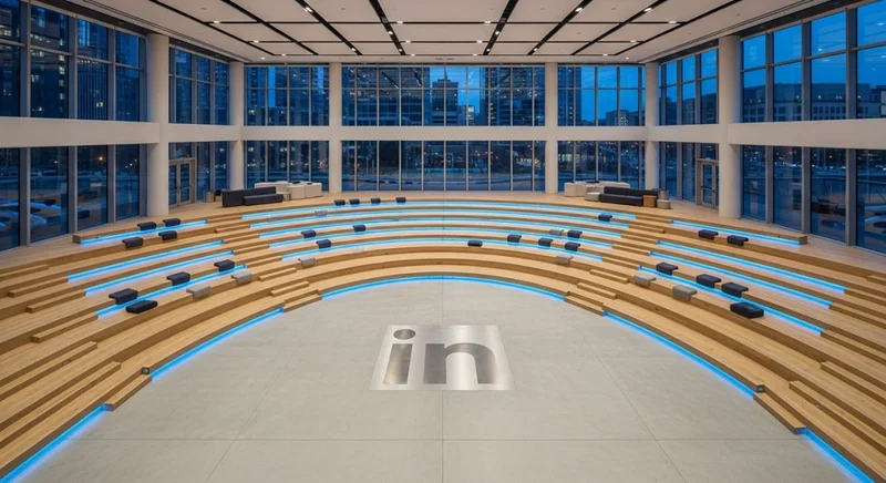 Anfiteatro moderno vacío con logo de LinkedIn incrustado en el centro