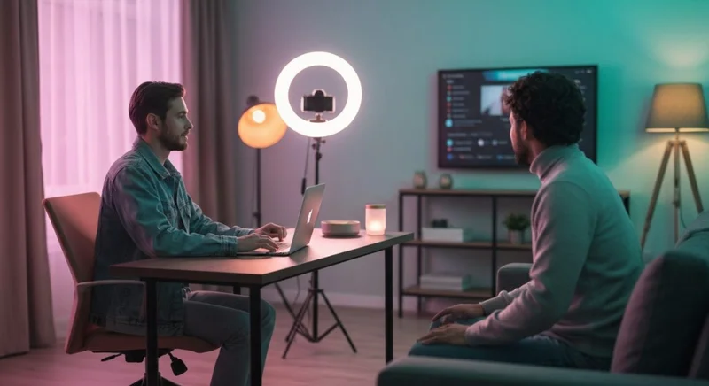 Anfitrión y invitado en sala acogedora para TikTok Live listos