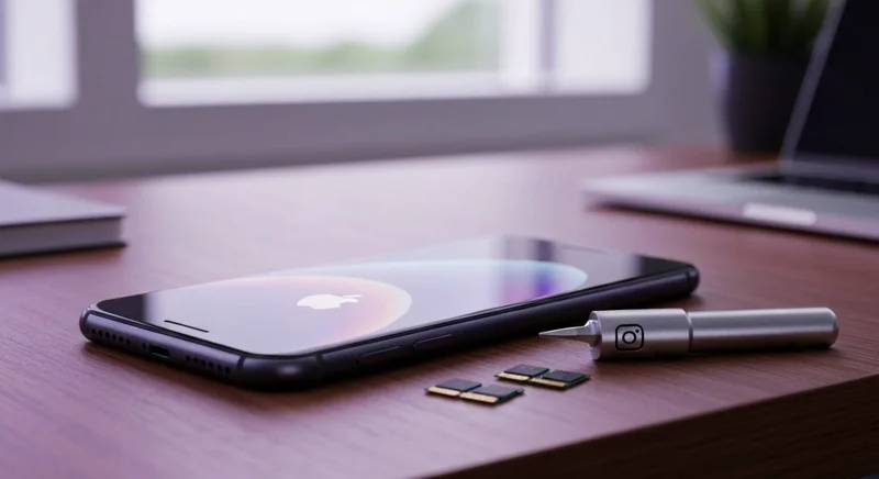 Apple iPhone XR sobre escritorio de madera con glifo Instagram
