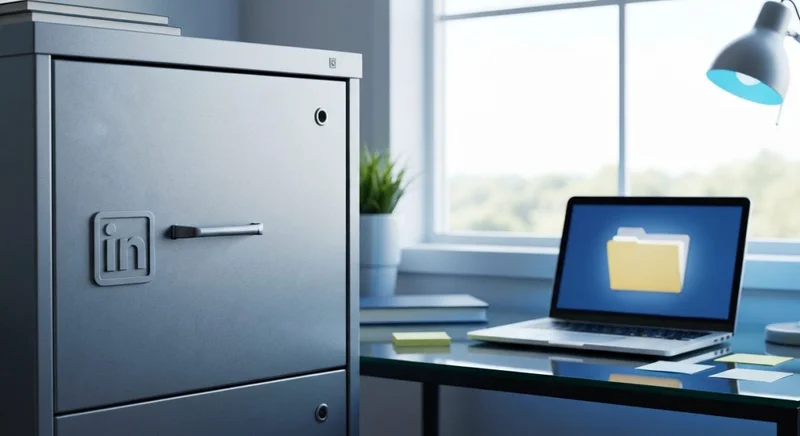 Archivador metálico minimalista con logo LinkedIn grabado y portátil cercano