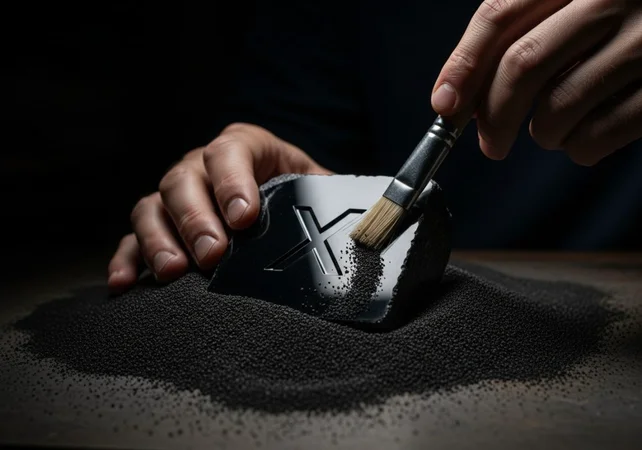 Arqueólogo limpiando un bloque de obsidiana con logo