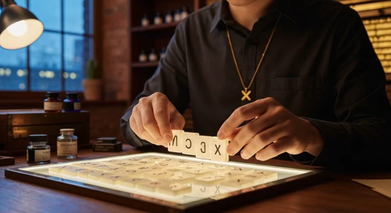 Artesano tipográfico organiza fichas Unicode luminosas sobre panel vidrio retroiluminado