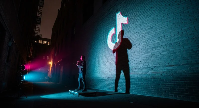 Artista callejero solitario proyecta sombra gigante en pared urbana con logo de TikTok