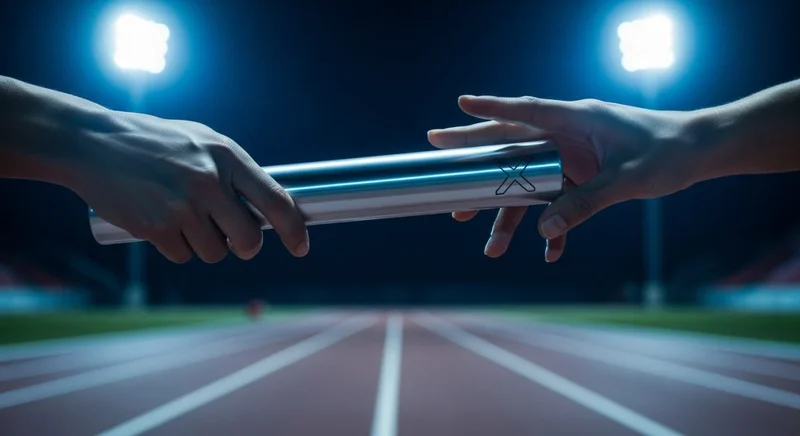 Atletas pasan elegantes testigo metálico bajo luces del estadio
