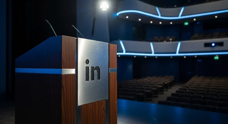 Atril de madera y metal LinkedIn en auditorio vacío iluminación dramática