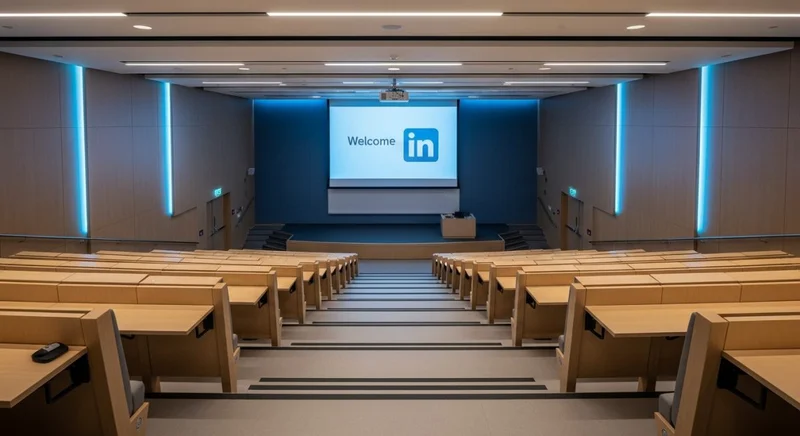 Aula universitaria vacía moderna con pantalla LinkedIn iluminada