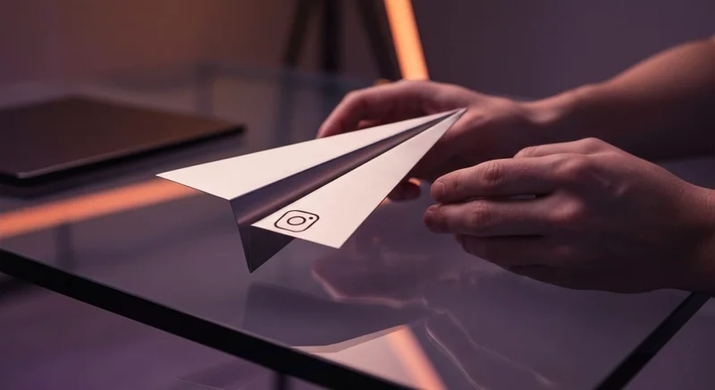 Avion de papel metalico sobre vidrio con logo Instagram grabado