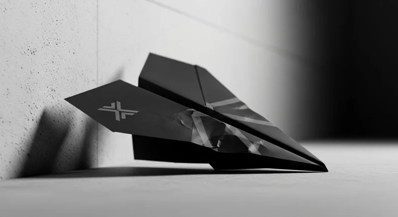 Avión de papel negro estrellado en suelo con logo minimalista