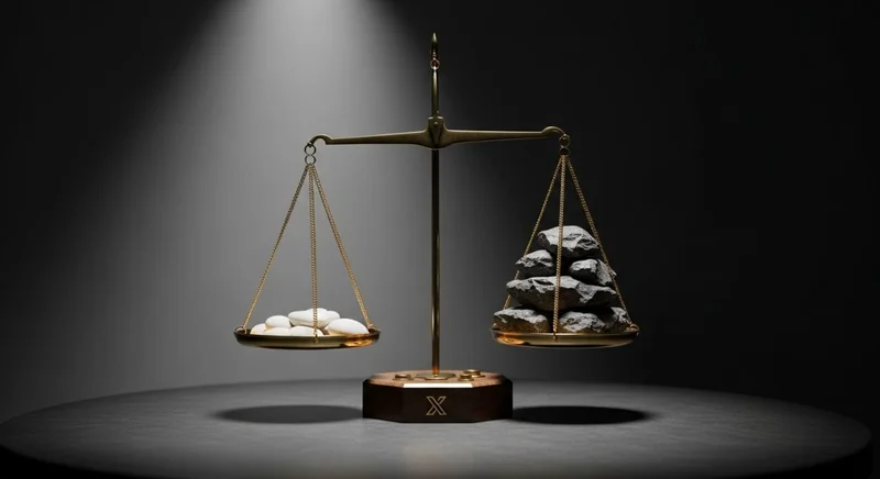 Balanza de justicia de bronce vintage desbalanceada sobre mesa de concreto