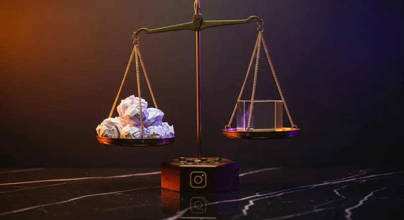 Balanza de latón de Instagram con cubo de cristal inclinando el equilibrio