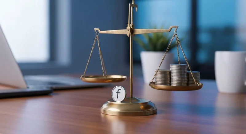 Balanza de latón en escritorio de creador con moneda f