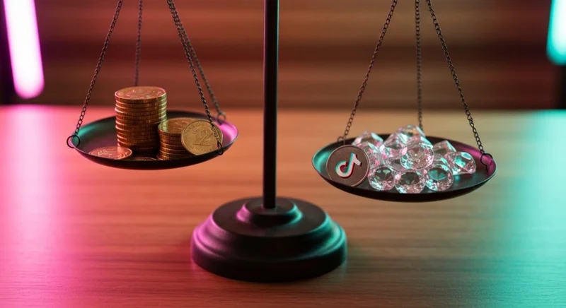 Balanza vintage con monedas doradas cristales y moneda TikTok