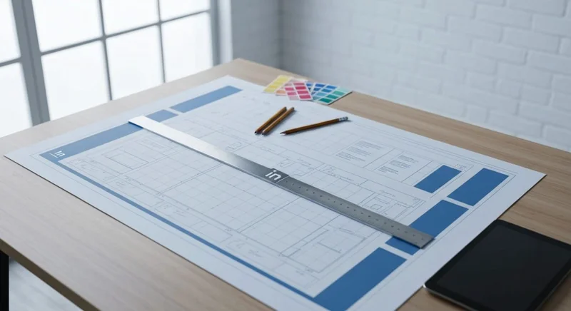 Banner de LinkedIn sobre mesa de diseño con regla cruzando