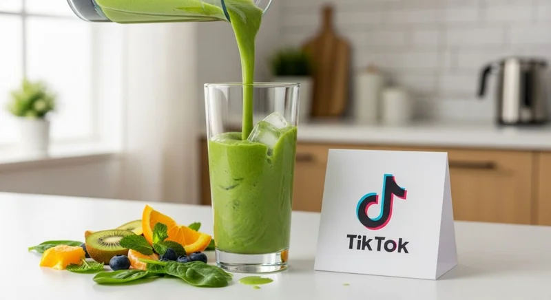 Batido verde fresco siendo servido en un vaso alto y logo de TikTok