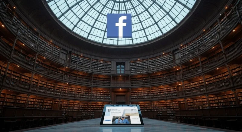 Biblioteca circular neoclásica con luz azul, logo de Facebook y tablet cristal