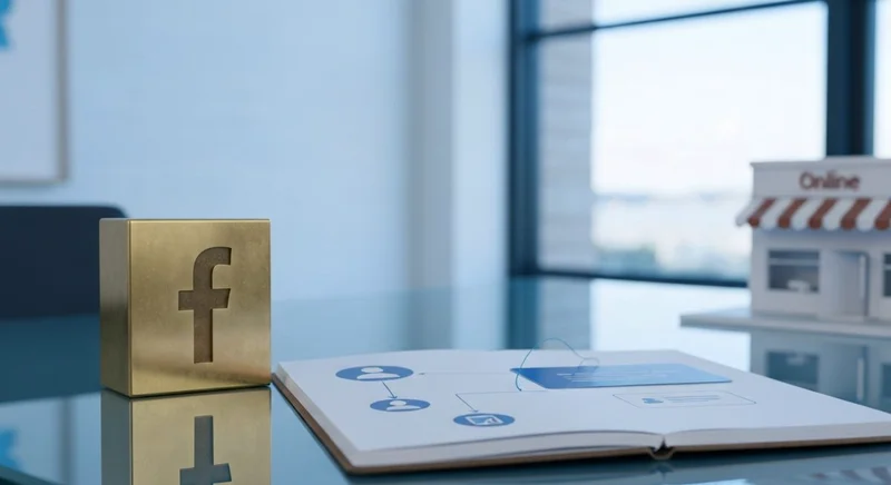 Bloque de latón con logo Facebook sobre vidrio de escritorio