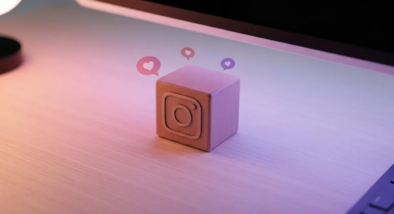 Bloque de madera pulida con logotipo de Instagram en escritorio