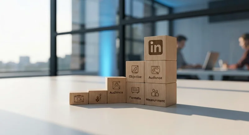 Bloques de madera con logo LinkedIn muestran pasos de anuncios