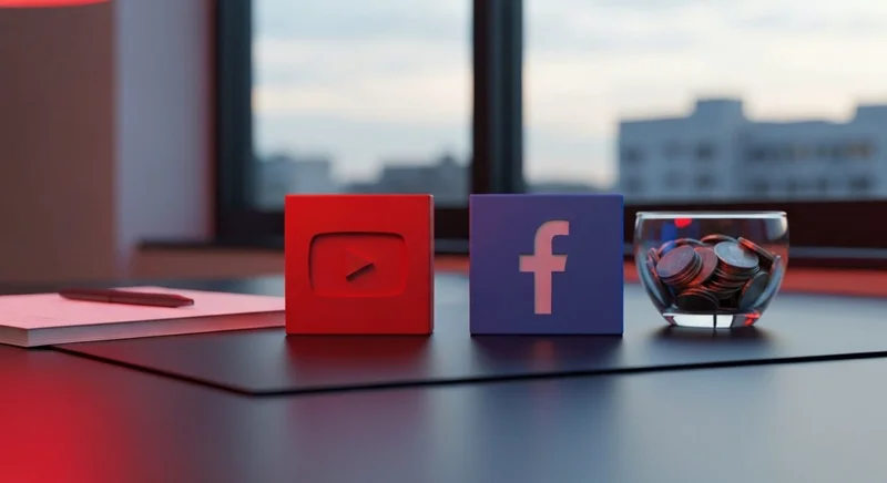 Bloques táctiles YouTube y Facebook sobre escritorio con monedas iluminadas