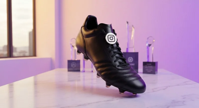 Botin de cuero negro suspendido sobre marmol blanco con Instagram
