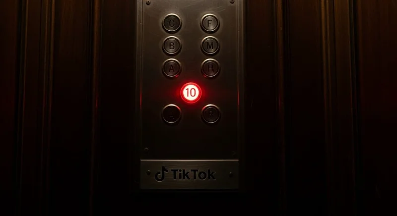 Botón rojo iluminado en panel de ascensor antiguo con logo TikTok