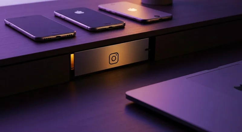 Bóveda de contraseñas integrada en escritorio madera oscura con Instagram
