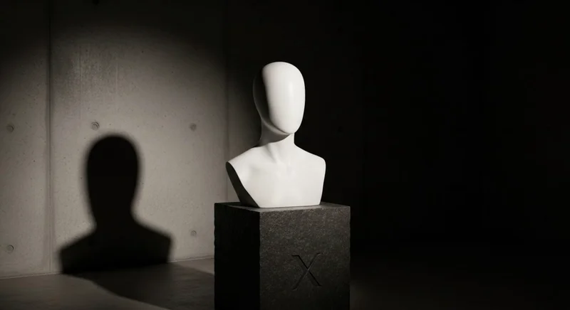 Busto de maniquí blanco mate con logo X en pedestal oscuro