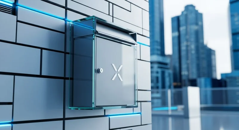 Buzón de vidrio moderno con logo X en entorno futurista