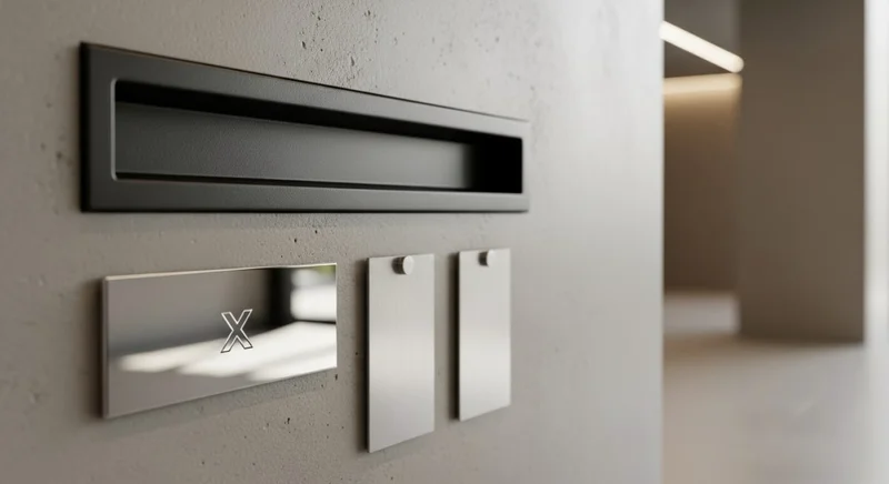 Buzón negro minimalista con placa metalizada y logo X en pared