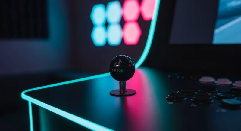 Cabinete de arcade moderno con joystick negro y logo de TikTok