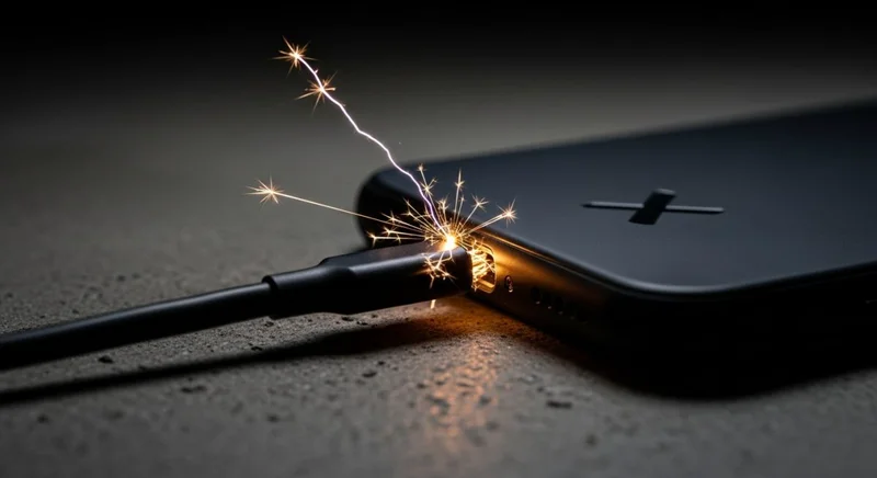 Cable de carga de smartphone negro con chispa visible en la noche en móvil con logo de X