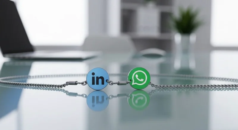Cadena de acero une tokens LinkedIn y WhatsApp sobre vidrio