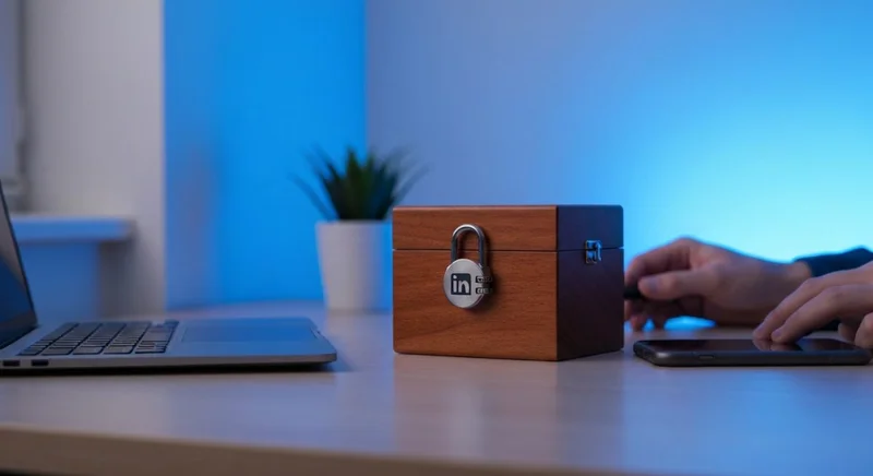 Caja de madera con candado y logo LinkedIn en escritorio