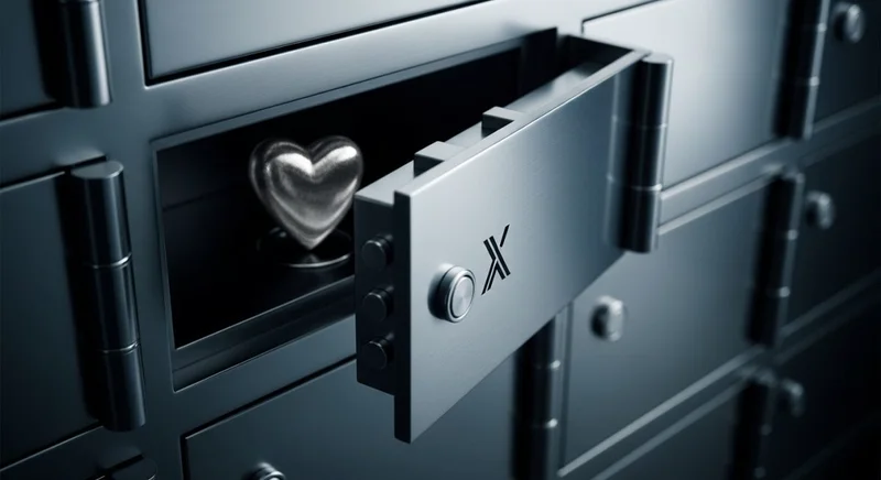 Caja de seguridad abierta con corazón metálico y logo de X grabado