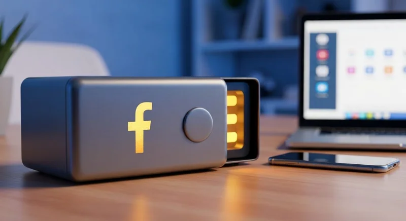 Caja fuerte de acero entreabierta con grabado del logo Facebook