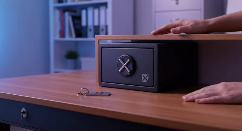 Caja fuerte negra mate logo X manos cerca llavero X