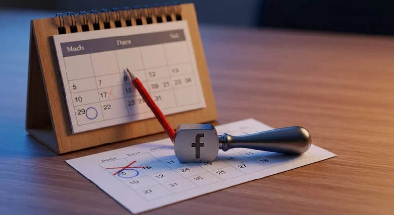 Calendario de madera con sello y logo Facebook en escritorio