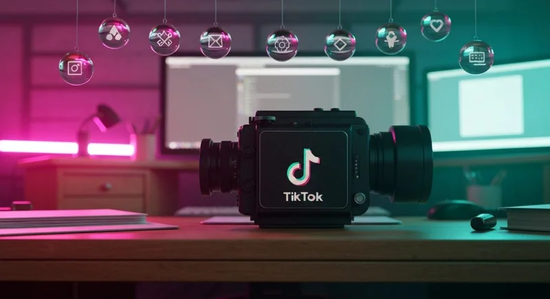 Cámara de cine vintage con logo TikTok grabado en costado