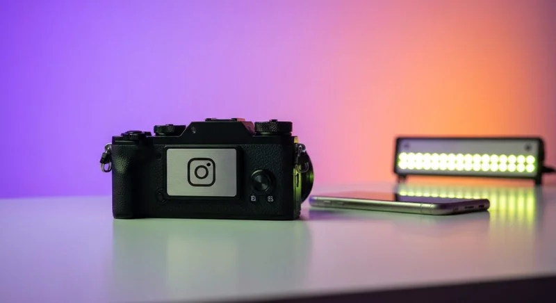 Cámara sin espejo sobre mesa blanca con logo Instagram grabado