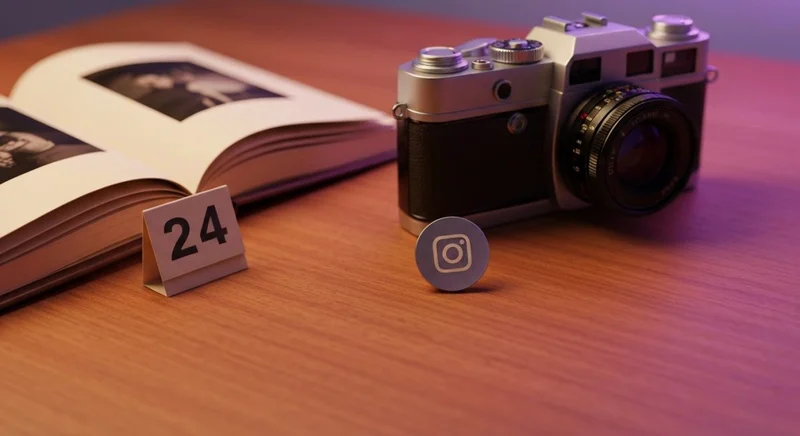Cámara vintage de cine con insignia Instagram sobre escritorio cálido