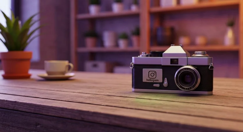 Cámara vintage de cine sobre mesa de madera con logo Instagram