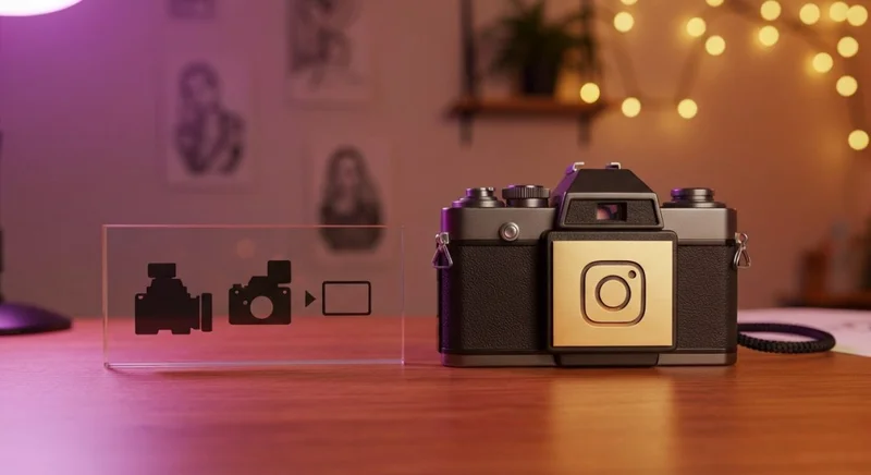 Cámara vintage de película con placa Instagram adjunta sobre escritorio